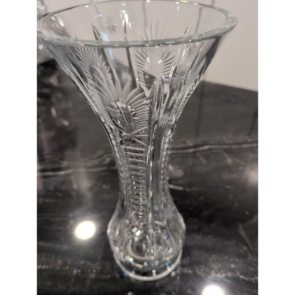 Vintage‎ Cut Crystal Trumpet Bud Vase Starburst Fan Pattern Clear Glass 8 inch